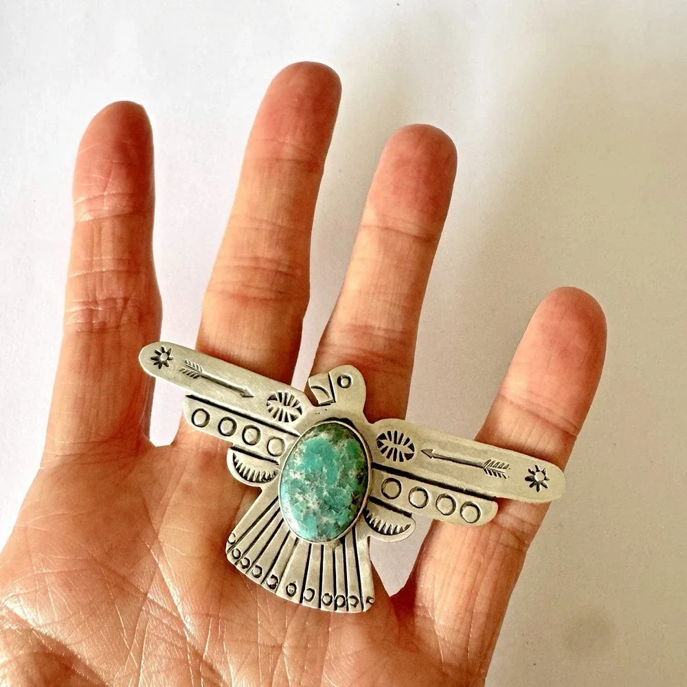 HUGE Navajo Turquoise Thunderbird Ring Sz 8 Stamped Sterling Silver Signed James
